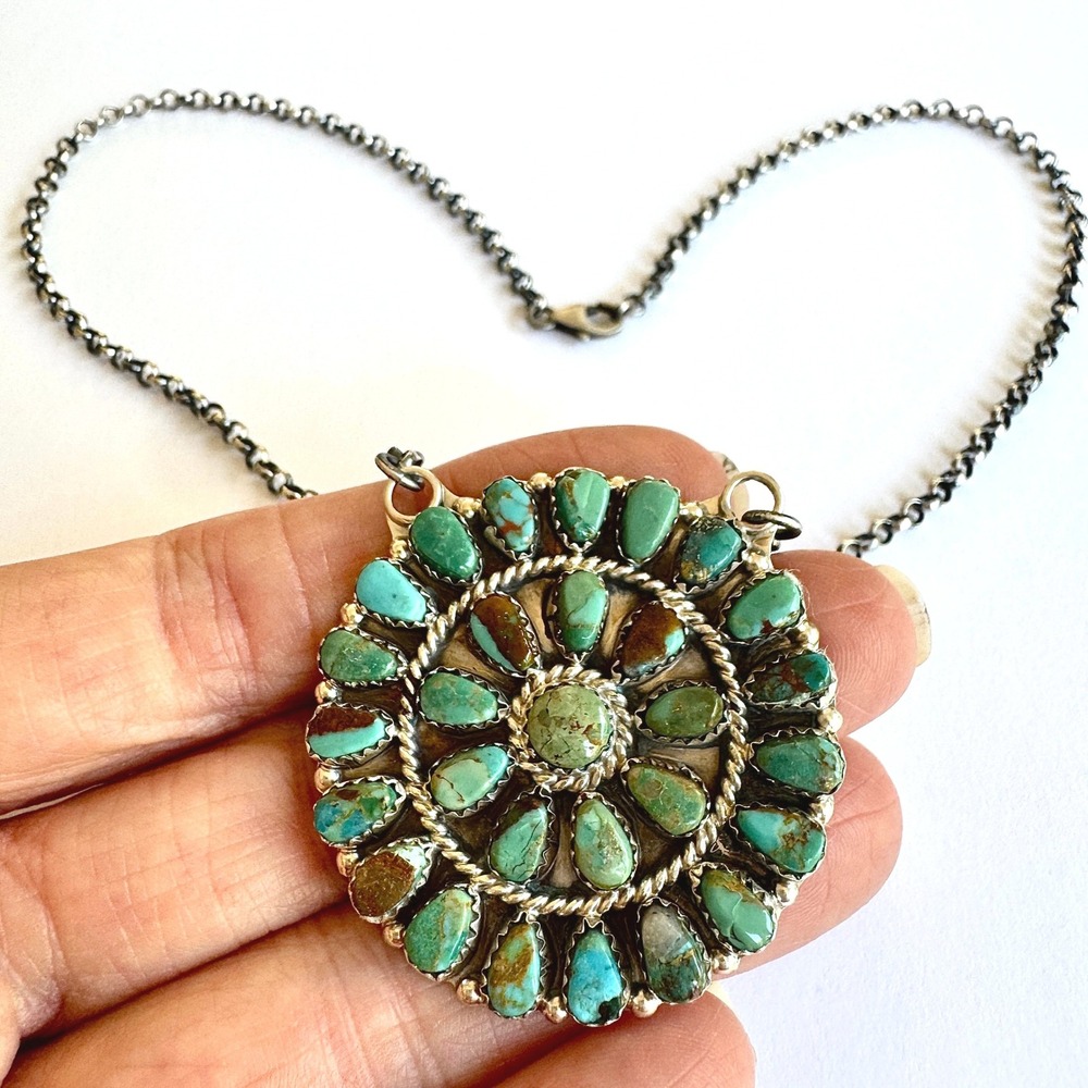 Navajo Cluster Necklace Mixed #8 Mine Turquoise 18" Signed B Sterling Round